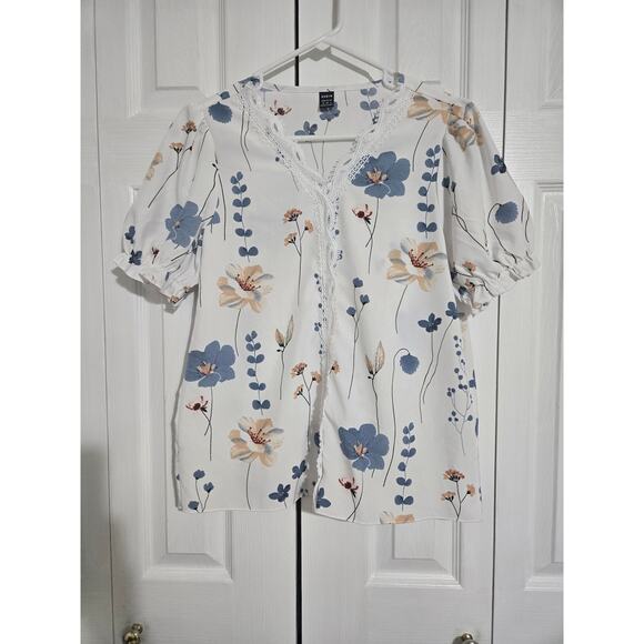 Shein medium women's white floral blouse with elastic cuffed sleeves - Picture 1 of 8